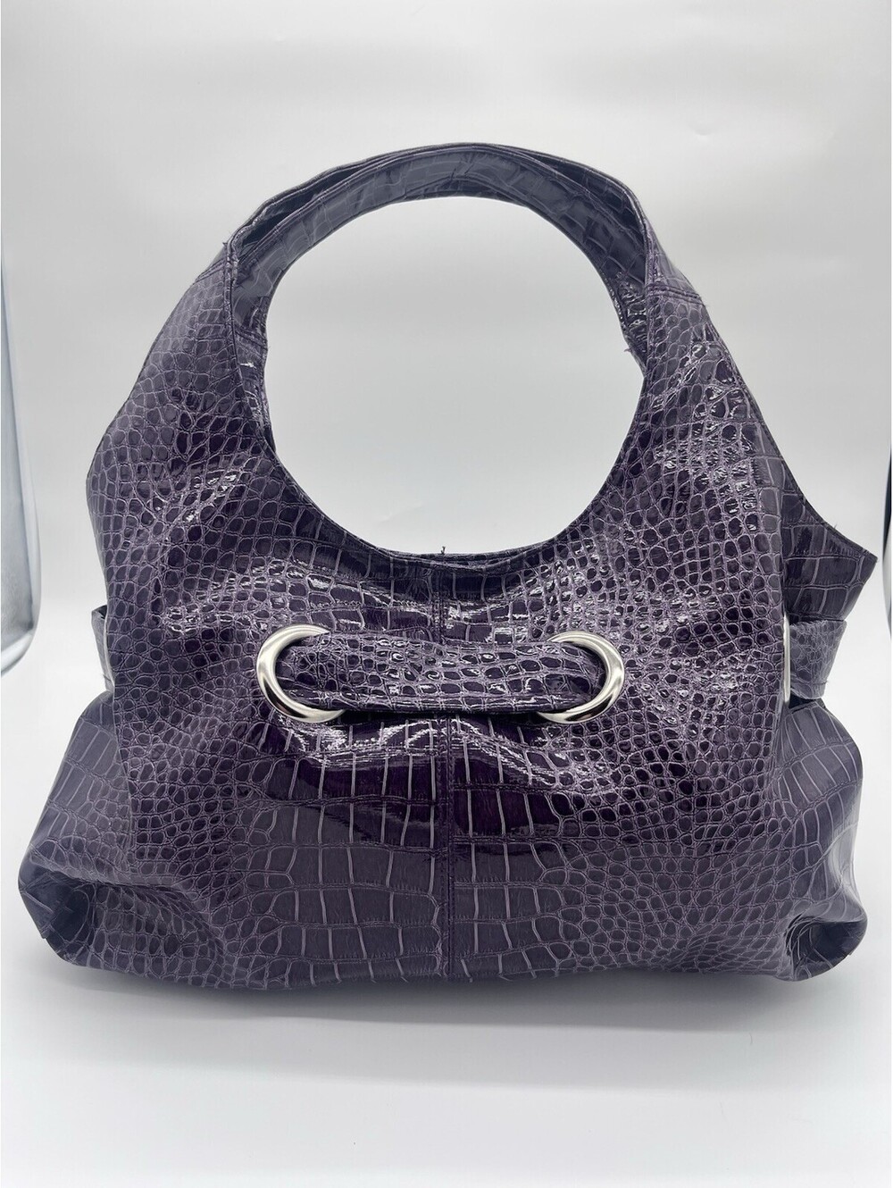 Large Purple Faux Croc Hobo Shoulder Bag Slouchy Tote Silver Hardware